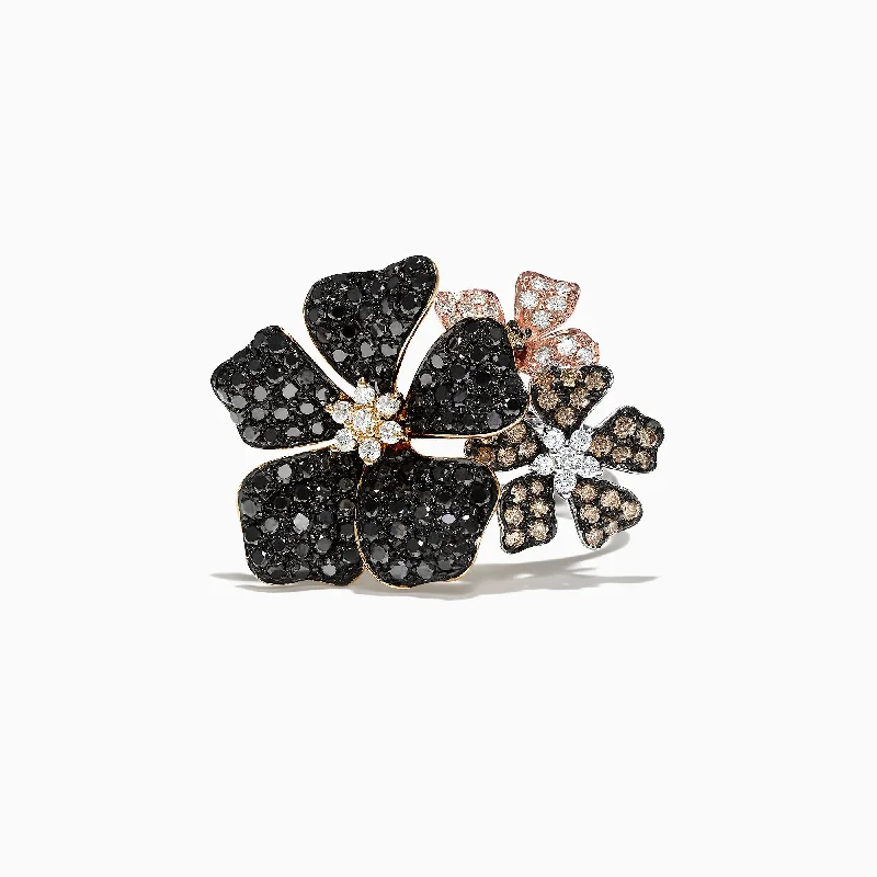 Wedding Rings With Brilliant Diamonds-Nature 14K Gold Black, Espresso & White Diamond Flower Ring, 2.04 TCW