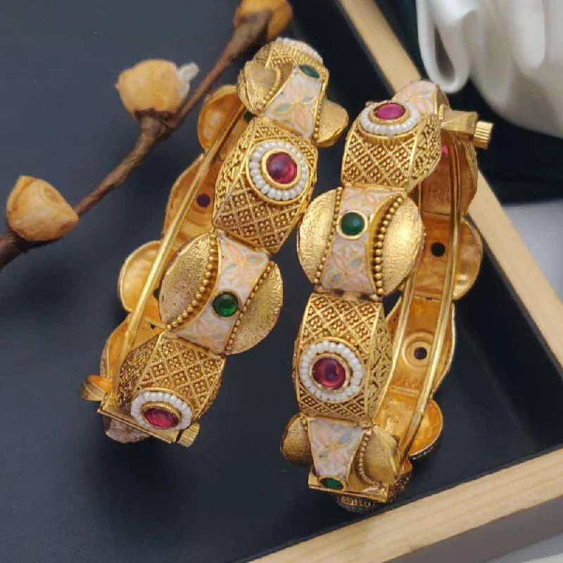 Fancy Stone Bangles For Glamorous Vibes-Akruti Collection Gold Plated Pota Stone And Meenakari Openable Bangles Set