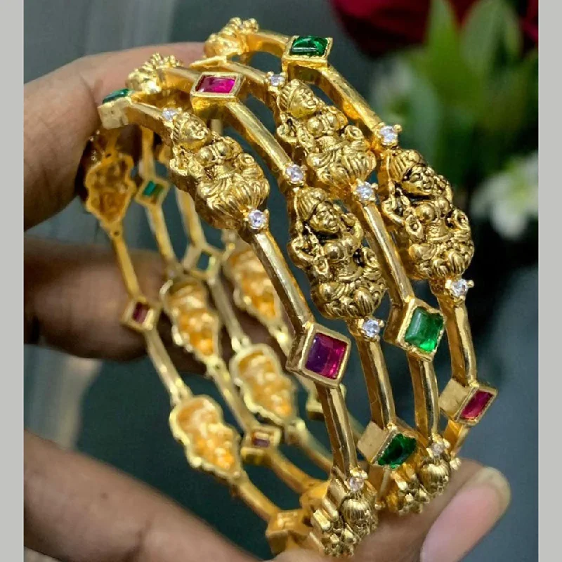 Sparkling Gold Bangles For Elegant Parties-Sona Creation Gold Plated Pota Stone Temple Bangle Set