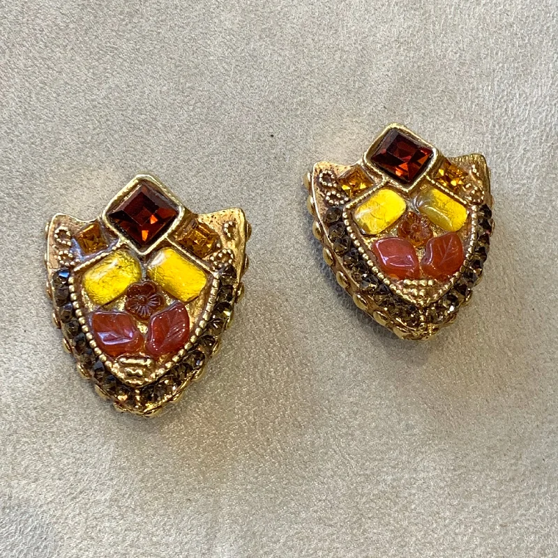 Cross Necklaces For Religious Style -Earrings For Sensitive Ears-Kalinger Paris Amber Yellow Shield clip on earrings