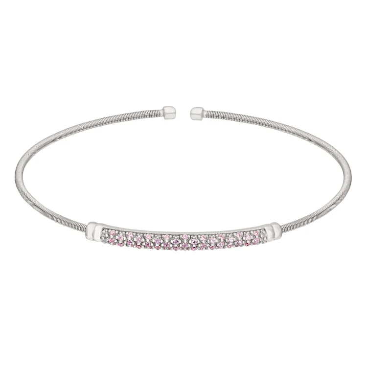 Men’s Bracelet With Engraving-Rhodium Finish Sterling Silver Cable Cuff Bracelet with Three Rows of Simulated Pink Sapphire Birth Gems - October