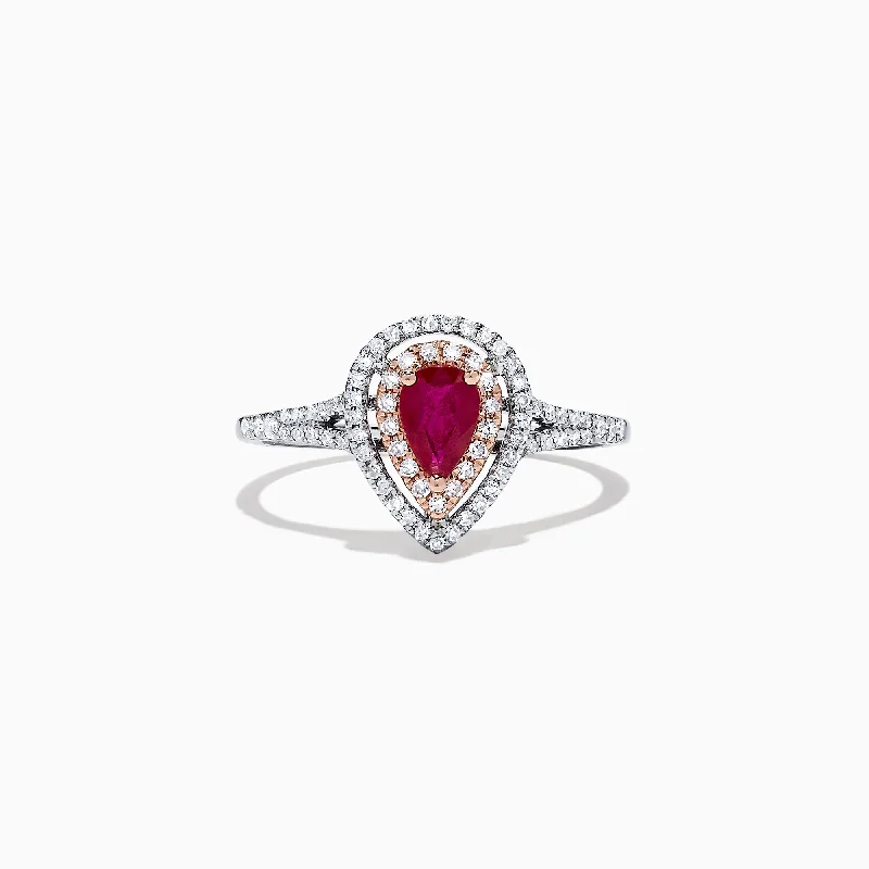 Simple Engagement Rings For Women With Diamonds-Ruby Royale 14K Two Tone Gold Pear Shaped Ruby and Diamond Ring, 0.77 TCW