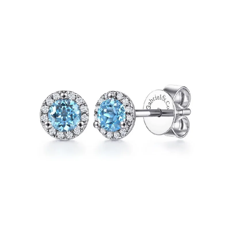 Engraved Necklaces For Memories -Silver Stud Earrings-Gabriel & Co. - EG12372W45BT - 14K White Gold Round Cut Diamond Halo & Swiss Blue Topaz Stud Earrings