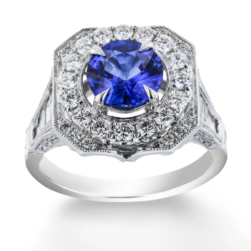 Handmade Wedding Bands With Diamonds-JULEVE 18KT WHITE GOLD 1.40CT SAPPHIRE & 1.50CTW DIAMOND HALO RING