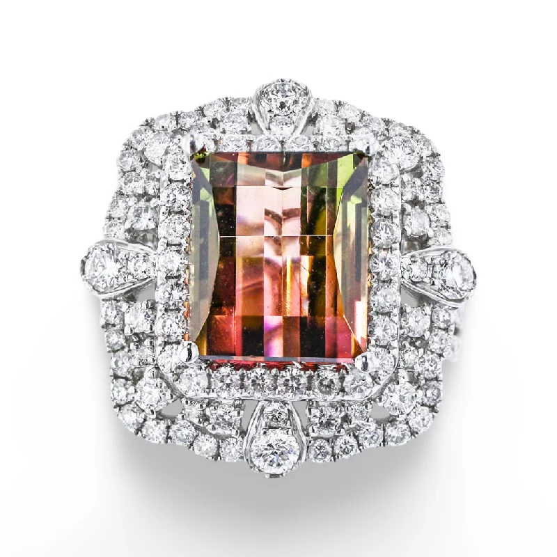 Luxury Promise Rings For Women-JULEVE 18KT WHITE GOLD 7.00CT TOURMALINE & 2.25CTW DIAMOND HALO RING