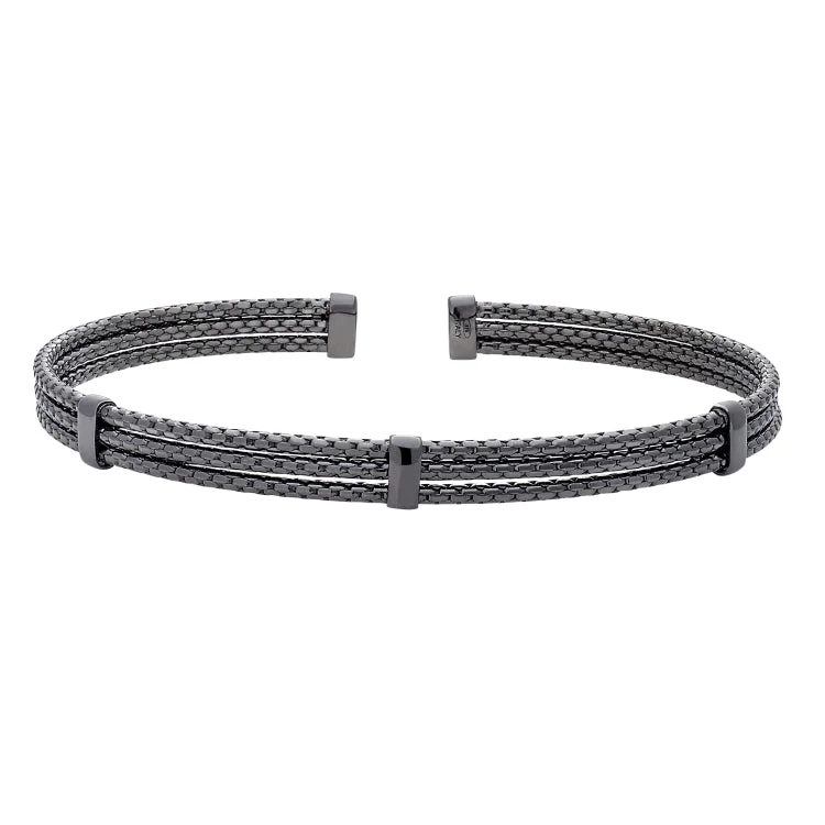 Unique Bracelet For Wedding-Black Rhodium Finished Sterling Silver 3 Cable 3 Bar Cuff Bracelet