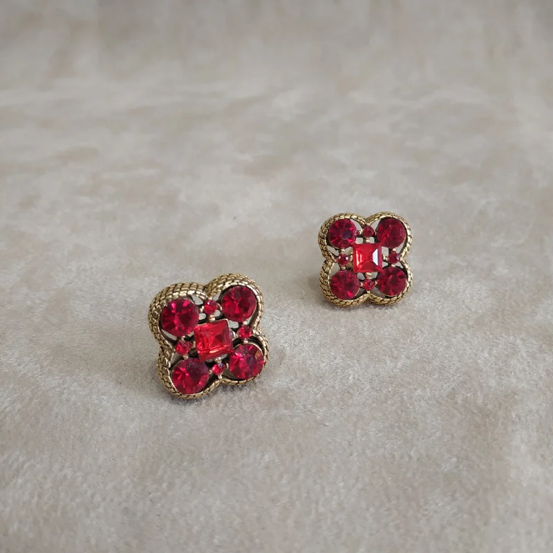 Silver Necklaces For Women -Silver Studs-Quatrefoil Red Gold Clip On Earrings by Askew London