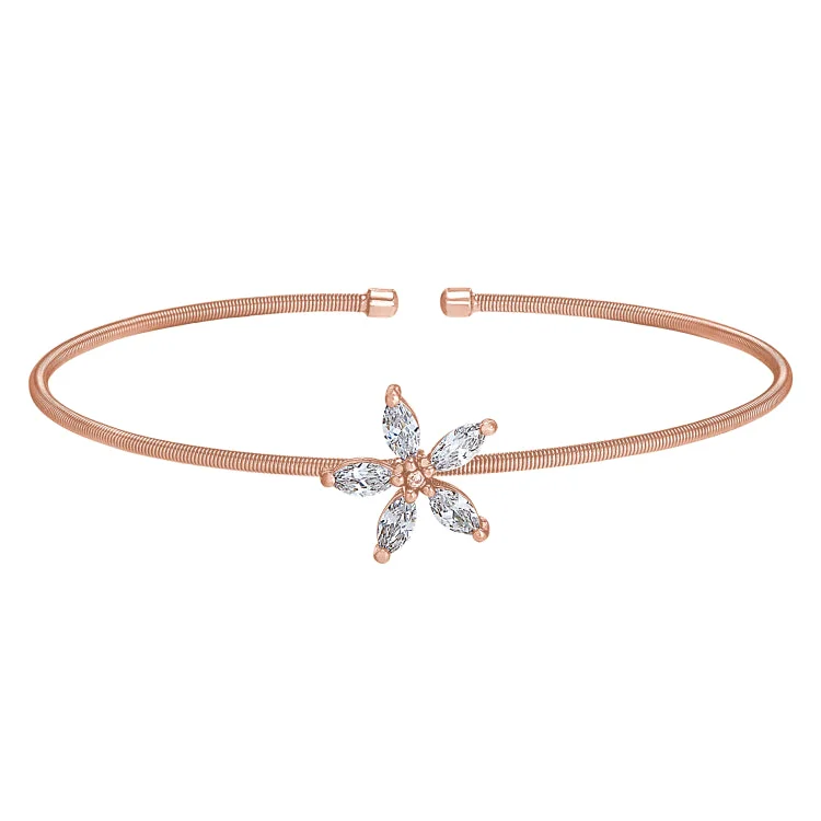 Handwoven Bracelets-Rose Gold Finish Sterling Silver Cable Cuff Flower Bracelet with Simulated Diamonds