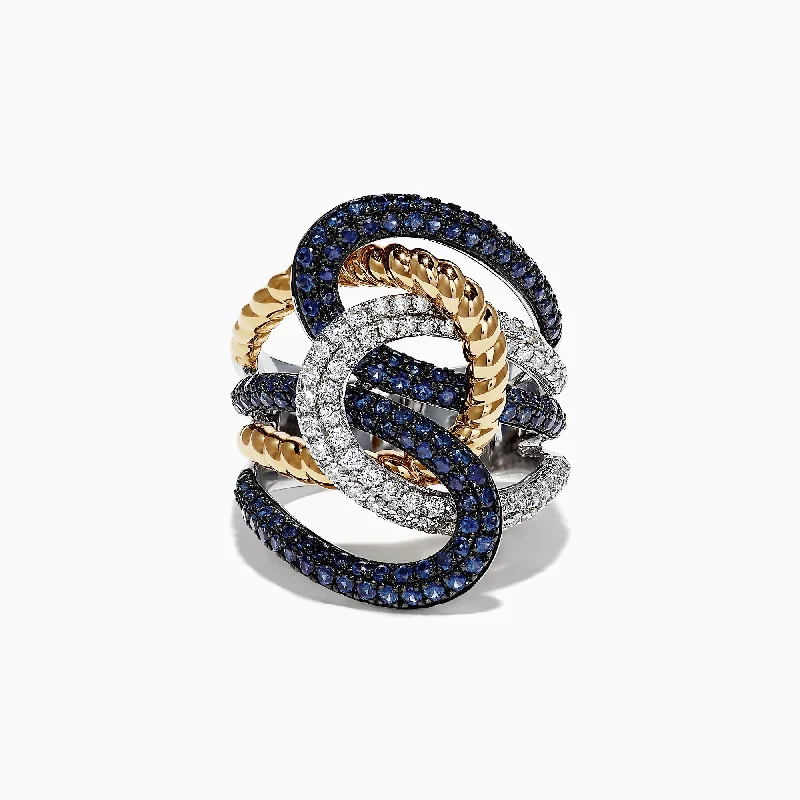 Rose Gold Engagement Rings With Diamonds-Royale Bleu 14K 2-Tone Gold Sapphire and Diamond Rope Ring, 2.39 TCW