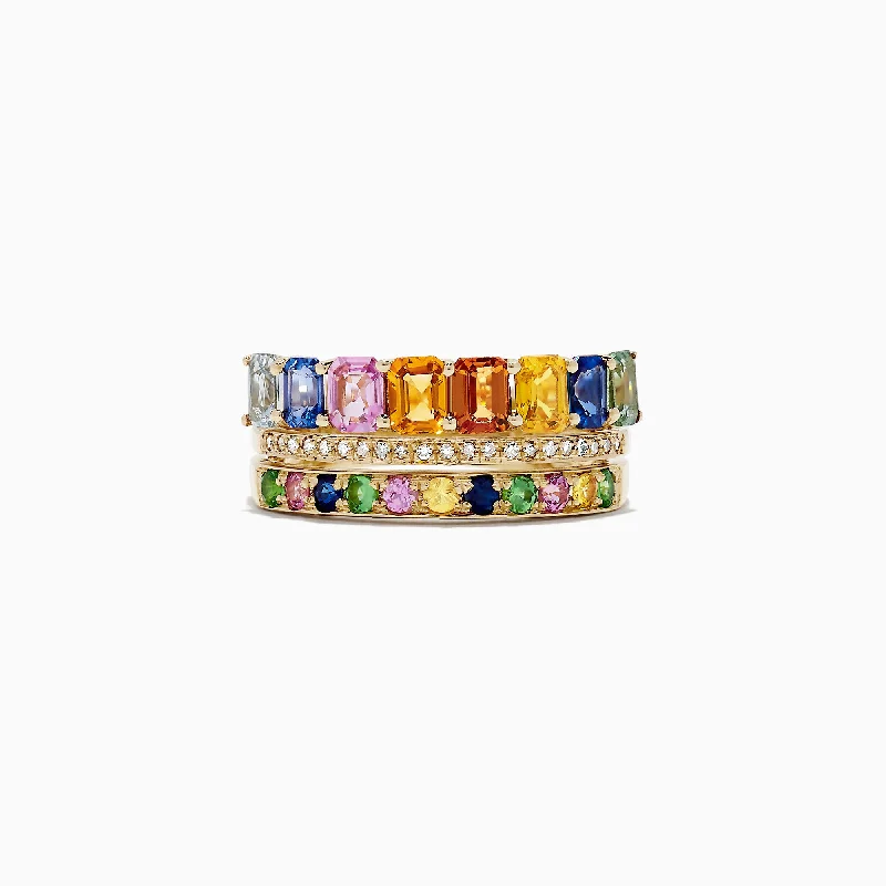 Classic Wedding Bands With Rubies-Watercolors 14K Yellow Gold Multi Sapphire and Diamond Ring, 2.76 TCW