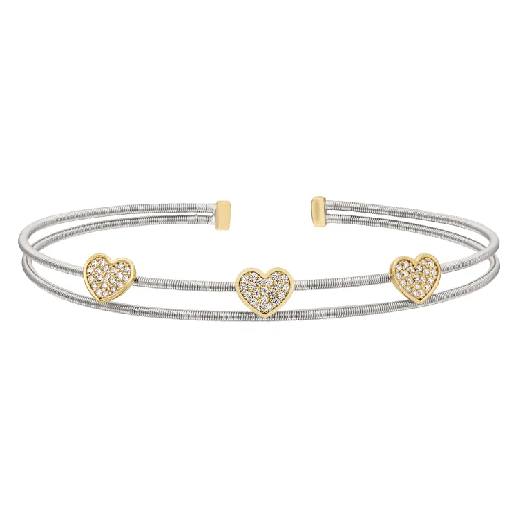 Beaded Bracelets For Adults-Rhodium Finish Sterling Silver Two Cable Cuff Bracelet with Gold Finish Simulated Diamond Hearts