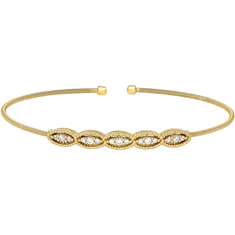 Color Changing Bracelets-Gold Finish Sterling Silver Cable Cuff Bracelet with Five Simulated Diamond Marquise Shapes