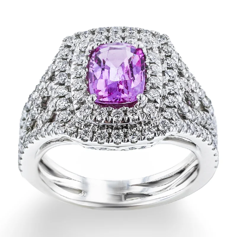 Platinum Wedding Bands For Women-JULEVE 18KT WHITE GOLD 1.25CT PINK SAPPHIRE & 0.96CTW DIAMOND RING