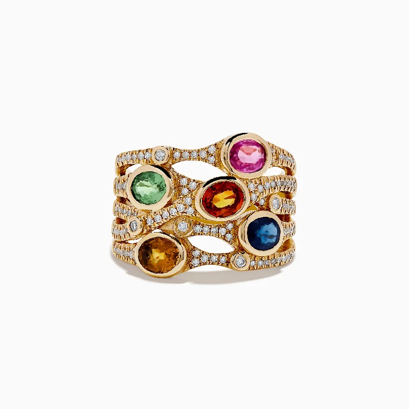 Men's Rings With Custom Designs-Watercolors 14K Yellow Gold Multi Sapphire and Diamond Ring, 2.47 TCW