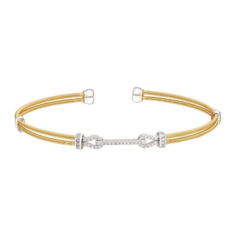 Simple Woven Bracelets-Gold Finish Sterling Silver Two Cable Cuff Bracelet with Rhodium Finish Simulated Diamond Buckle Design