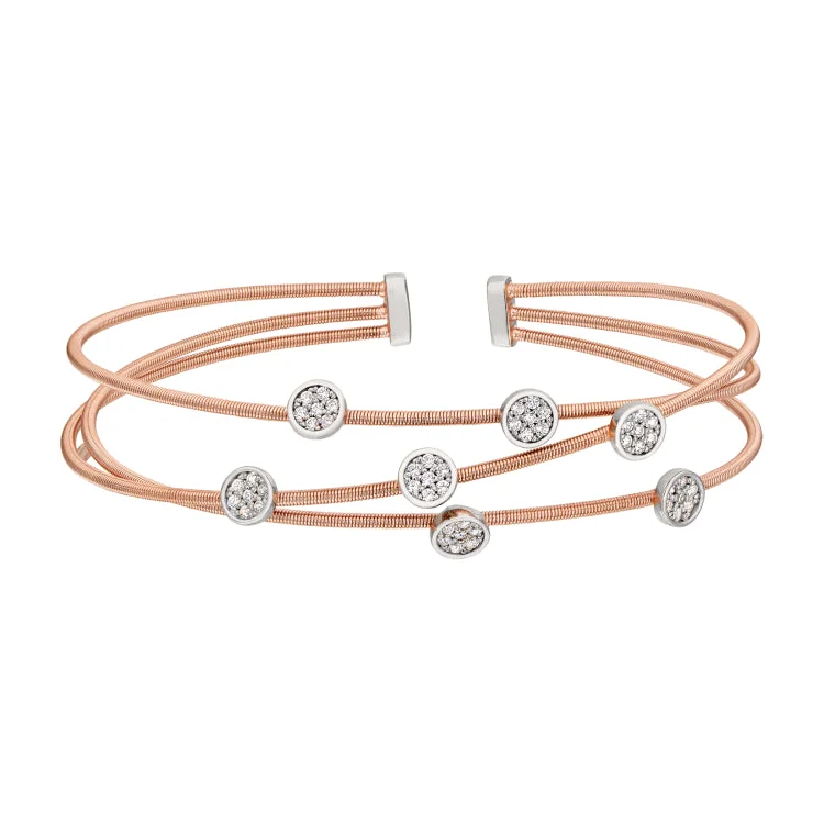 Beaded Tassel Bracelets-Rose Gold Finish Sterling Silver Three Cable Cuff Bracelet with Rhodium Finish Simulated Diamond Small Circles