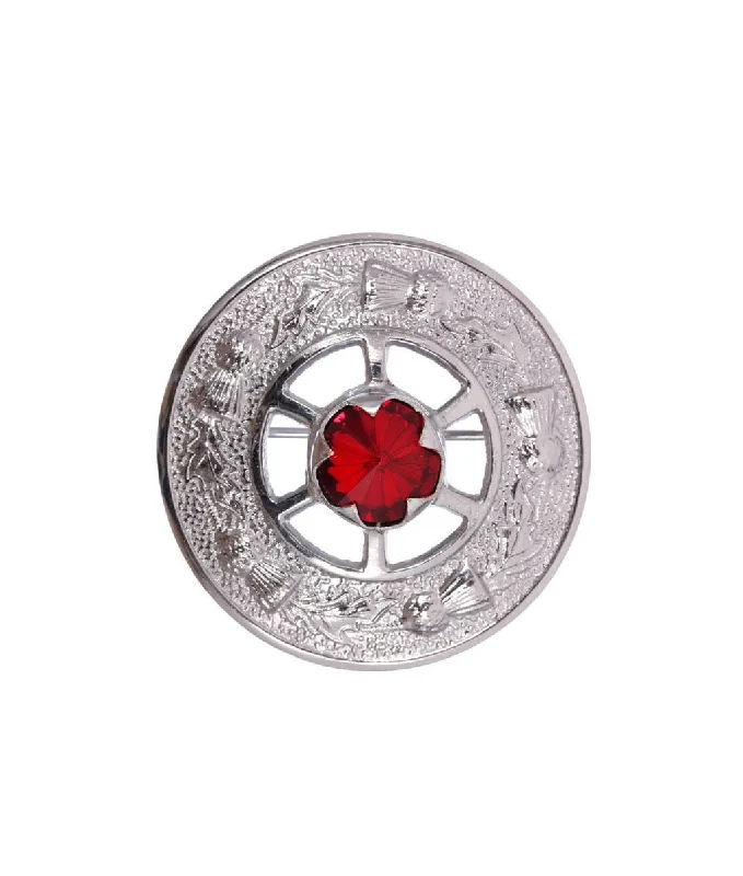 Luxury Brooch-Miniature Thistle Design and Red Stone Brooch - Chrome Finish