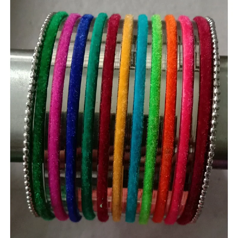 Sparkling Silver Bangles For Dazzling Looks-Shree Asha Bangles Pack Of 12 Velvet & Metal Multi Color bangles Set