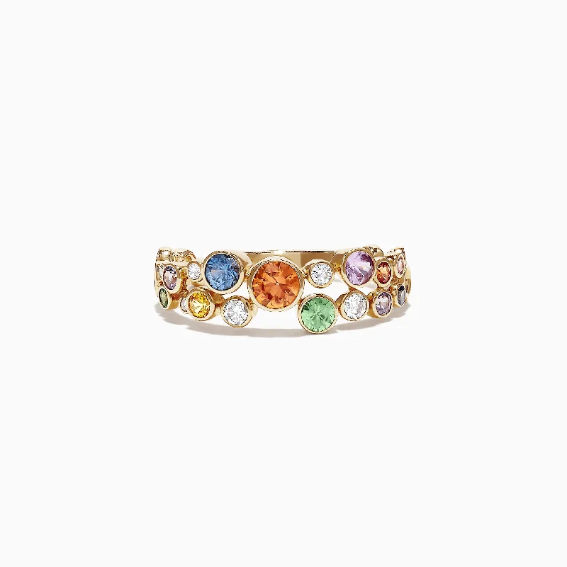 Unique Wedding Rings With Gemstones-Watercolors 14K Yellow Gold Multi-Sapphire and Diamond Ring, 1.03 TCW