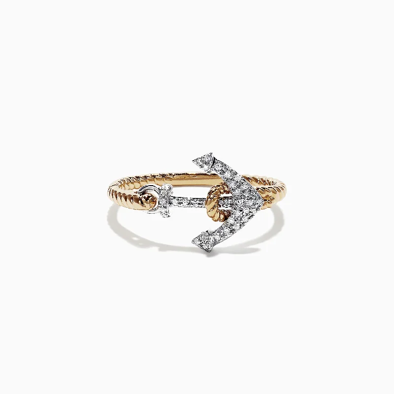 Wedding Rings With Oval Cut Stones-Seaside 14K Two Tone Gold Diamond Anchor Ring, 0.12 TCW