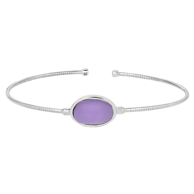 Personalized Nameplate Gold Bracelets-Rhodium Finish Sterling Silver Rounded Omega Cable Cuff Bracelet with an Oval Purple Murano Stone