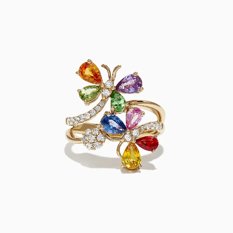 Women's Custom Rings With Birthstones-Watercolors 14K Yellow Gold Multi Sapphire and Diamond Ring, 3.33 TCW