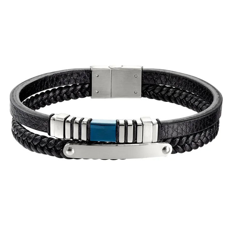 Blue Stone Bracelets For Women-Navy Blue Leather 2 Cord Bracelet With Blue Stainless Steel Bar