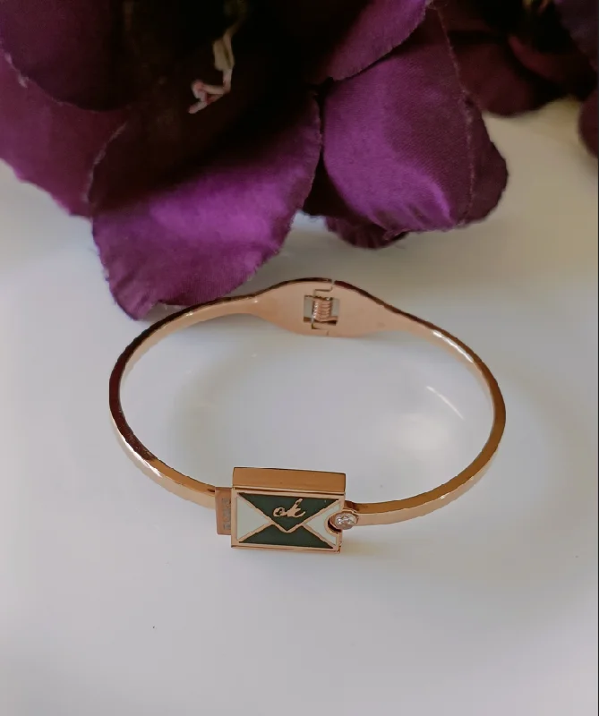 Eco-Friendly Bangles For Sustainable Fashion-Tarohi Jewels Stainless Steel Rosegold Plated Letter Box Kada- STKD 3060