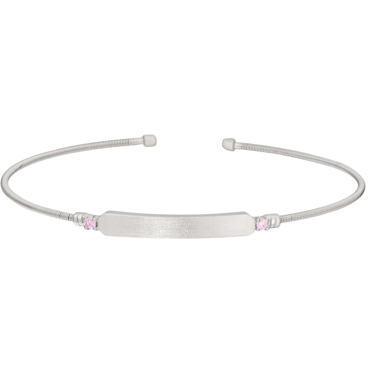 Leather Bangles Bracelets-Rhodium Finish Sterling Silver Cable Cuff Bracelet with Name Plate and Simulated Pink Sapphire Birth Gems - October