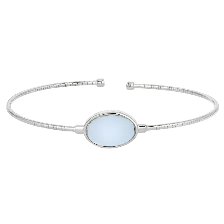 Rope Bracelets For Men-Rhodium Finish Sterling Silver Rounded Omega Cable Cuff Bracelet with an Oval Light Blue Murano Stone