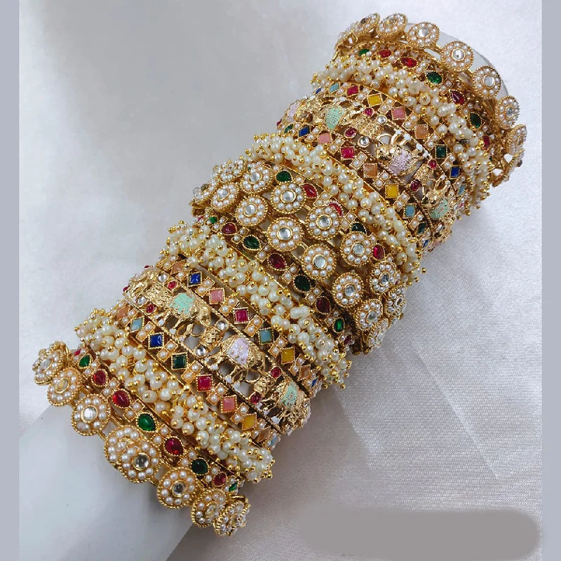 Diamond Bangles For Luxury-SNERA Gold Plated Pota Stone And Pearls Bangle Set