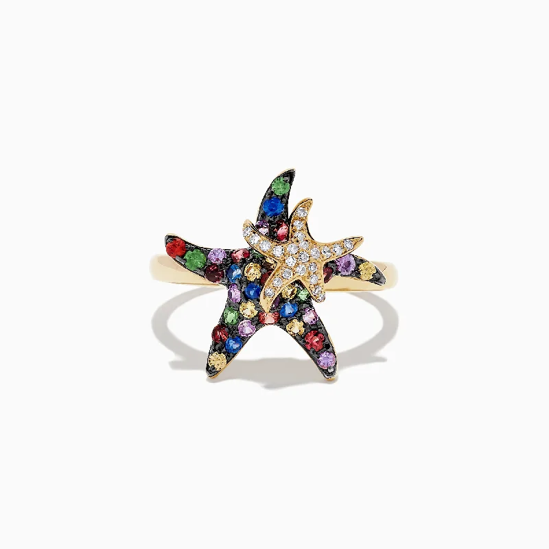 Classic Wedding Rings With Sapphire-Watercolors 14K Yellow Gold Sapphire & Diamond Starfish Ring, 0.84 TCW