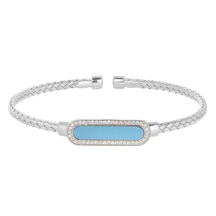 Handmade Gemstone Bangles-Rhodium Finish Sterling Silver Basketweave Cable Cuff  Bracelet with an Oval with Simulated Diamonds and a Turquois Stone