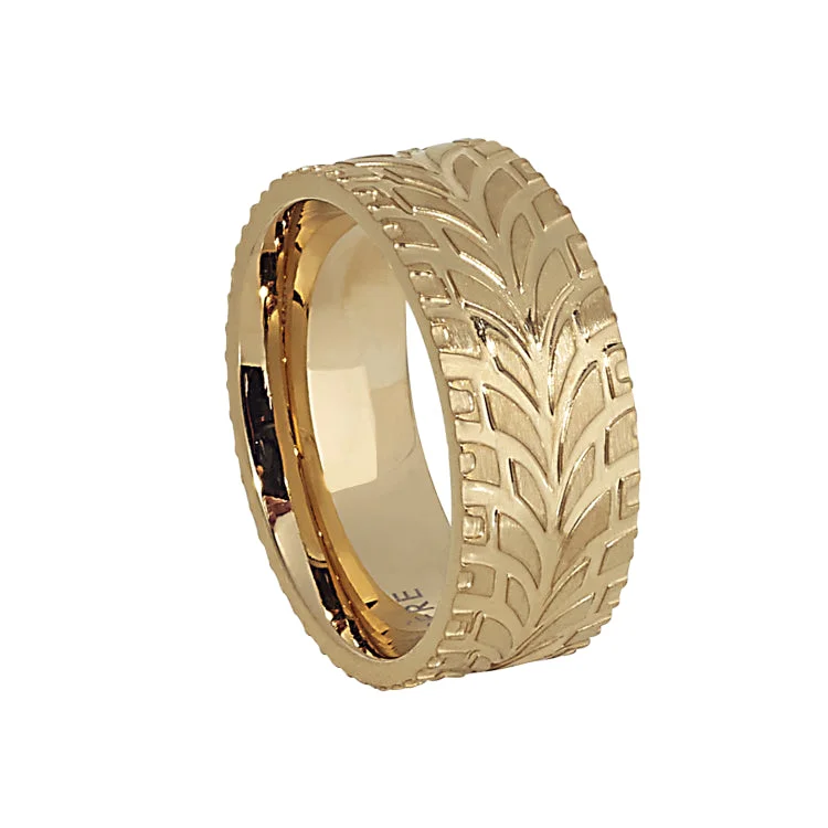 Wedding Bands With Colored Diamond Stones-Gold IP Finish Stainless Steel Feathered Band  - Size 11