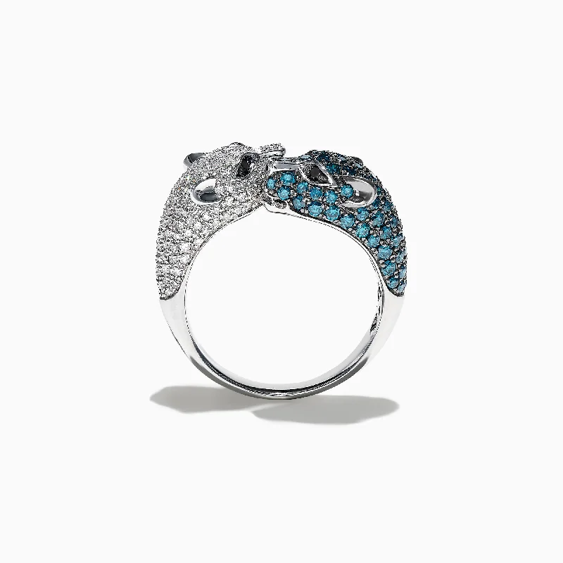 Unique Engagement Rings For Women-Signature 14K White Gold Blue and White Diamond Panther Ring, 1.48 TCW