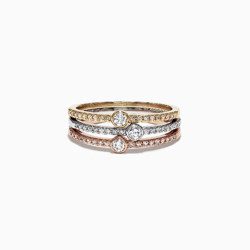 Silver Rings For Engagement-Trio 14K Tri Color Gold Diamond Stack Ring, 0.50 TCW