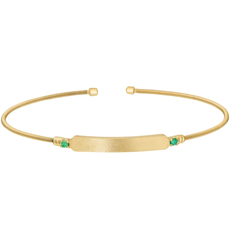 Adjustable Gold Beaded Bracelets-Gold Finish Sterling Silver Cable Cuff Bracelet with Name Plate and Simulated Emerald Birth Gems - May