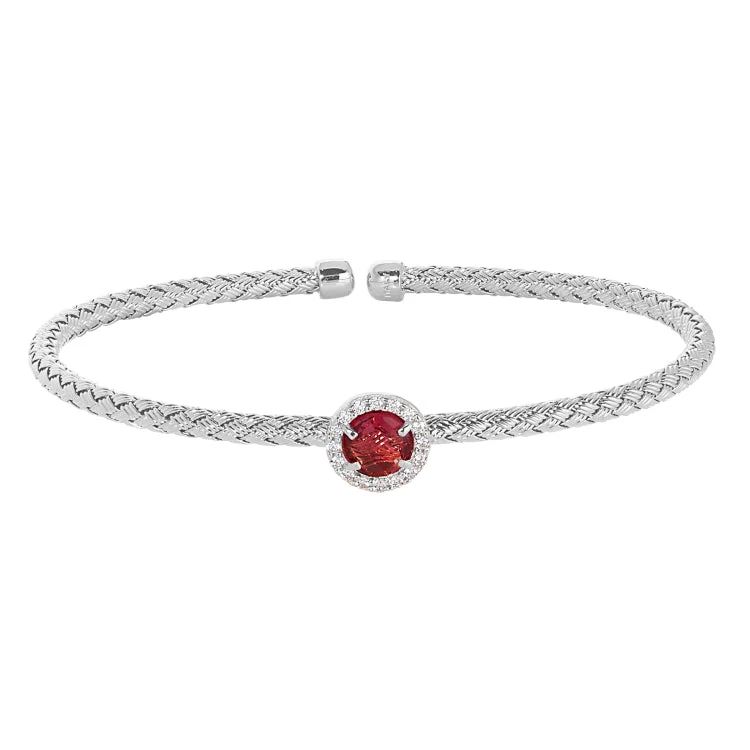 Double Wrap Leather Bracelets-Rhodium Finish Sterling Silver Basketweave Cable Cuff  Bracelet with a Round Pink Stone and Simulated Diamonds