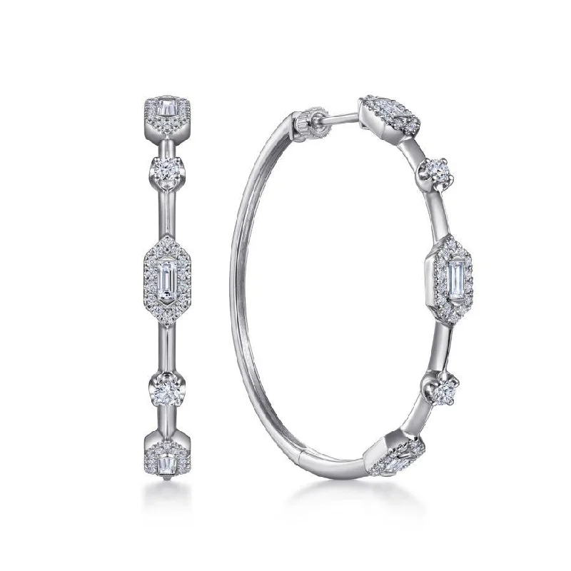 Fashionable Chain Necklaces For Stylish Women -Holiday Earrings-Gabriel & Co. - EG14276W44JJ - 14K White Gold 40mm Diamond Baguette and Round Station Classic Hoop Earrings