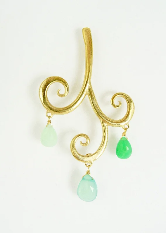 Gold Brooch Pin with Gems-Large Curl Brooch With Chrysoprase Drops