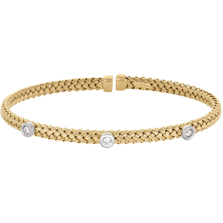 Elegant Stackable Bracelets-Gold Finish Sterling Silver Basketweave Cuff Bracelet with Rhodium Finish Bezel Set Simulated Diamonds