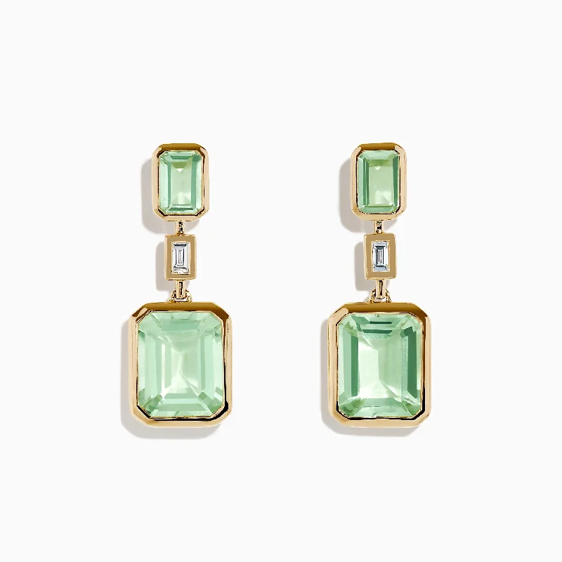 Adjustable Gold Necklaces For Comfort -Party Stud Earrings-14K Yellow Gold Green Amethyst and Diamond Bezel Drop Earrings