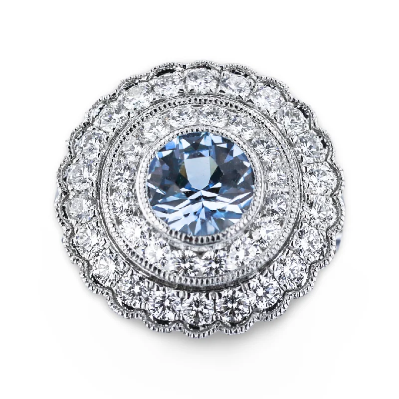 Custom Made Wedding Rings For Her-JULEVE 18KT WHITE GOLD 1.58CT SAPPHIRE & 1.24CTW DIAMOND HALO RING