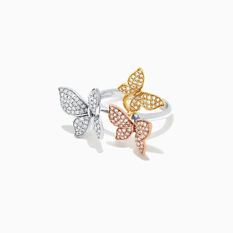 Affordable Wedding Bands For Women-Trio 14K Tri Color Gold Diamond Butterfly Ring, 0.66 TCW