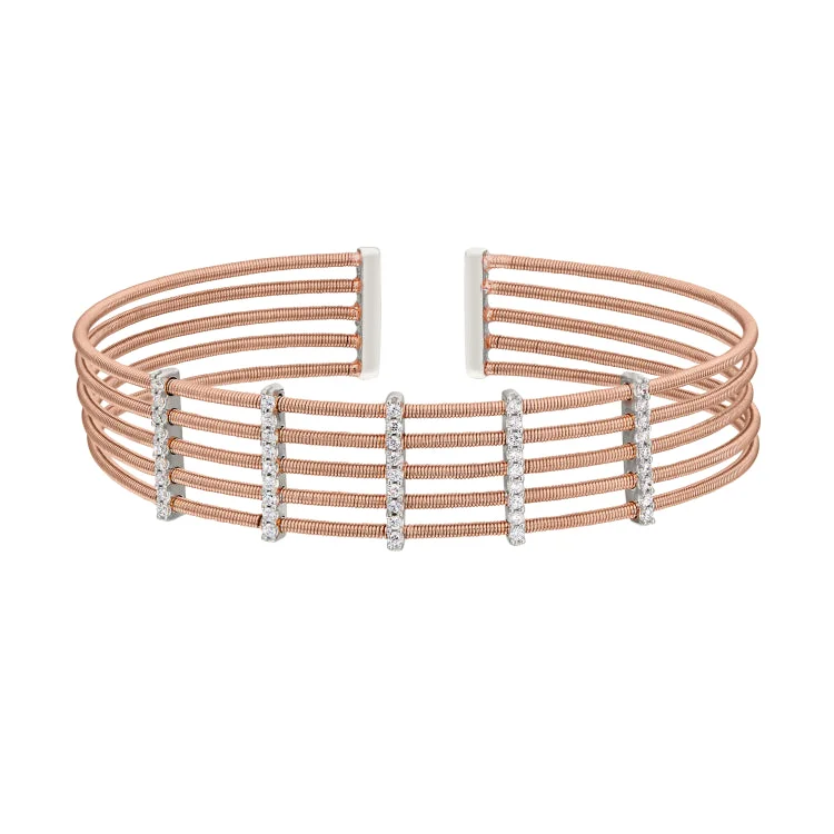 Engraved Friendship Bracelets-Rose Gold Finish Sterling Silver Multi Cable Cuff Bracelet with Rhodium Finish Simulated Diamond Vertical Bars