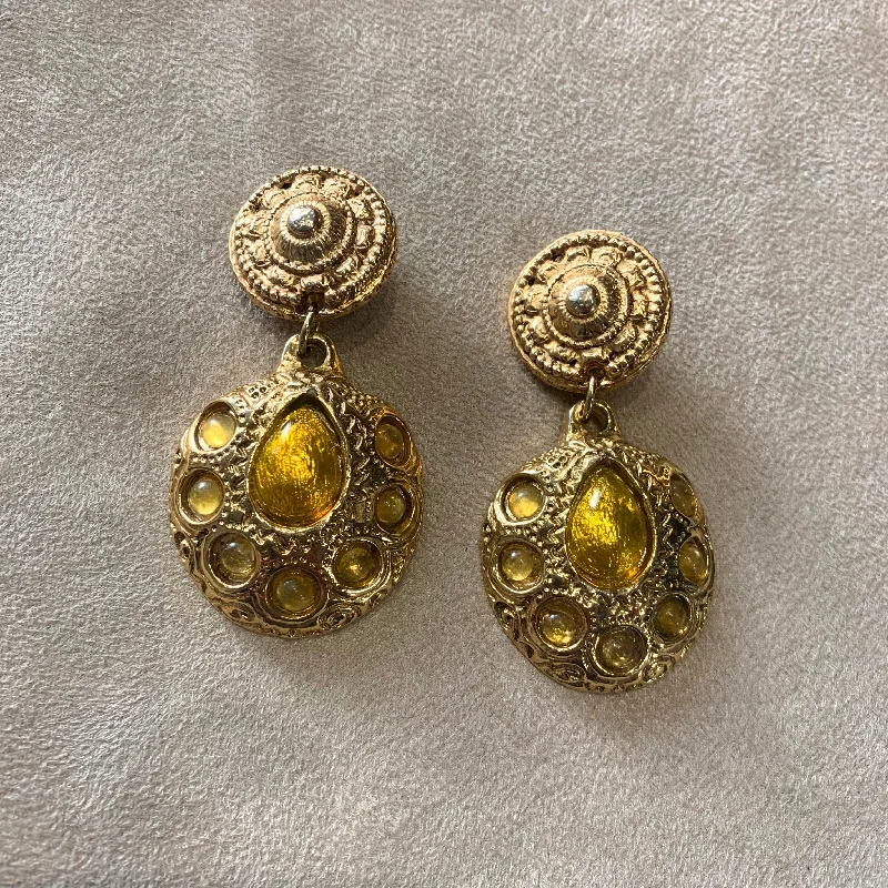 Boho Necklaces For Women -Long Drop Earrings-Kalinger Paris Statement yellow Etruscan earrings