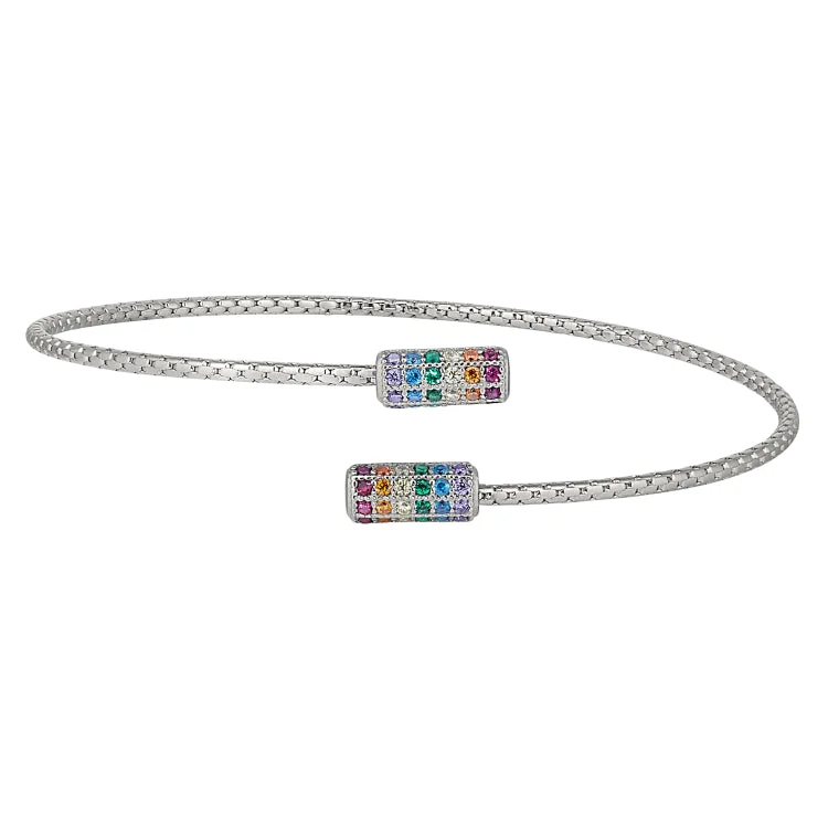 Luxury Diamond Bracelets-Rhodium Finish Sterling Silver Corean Cable Cuff Bracelet with Rainbow Colored Simulated Diamonds on Each End