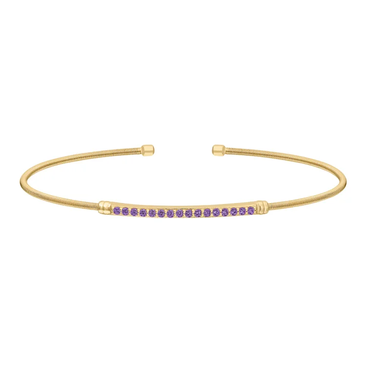 Men’s Bracelet With Metal Plates-Gold Finish Sterling Silver Cable Cuff Bracelet with Simulated Amethyst Birth Gems - February