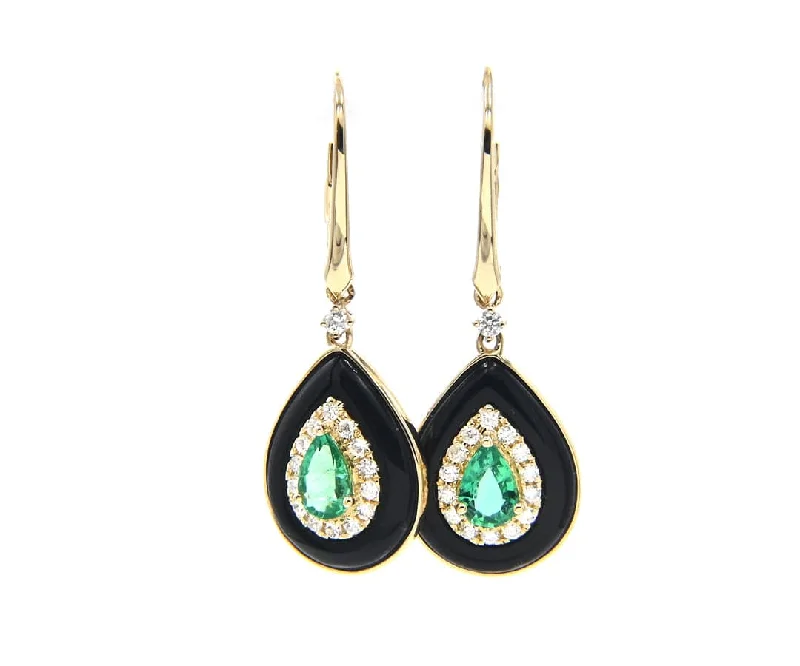 Bohemian Beaded Necklaces For Fashion -Sleek Stud Earrings-New 0.64ctw Pear Emerald 0.30ctw Diamond and Black Onyx Dangle Earrings in 14K