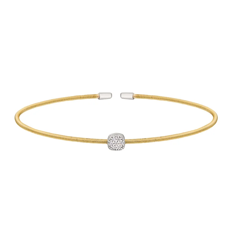 Statement Leather Bracelets-Gold Finish Sterling Silver Single Cable Cuff Bracelet with Rhodium Finish Simulated Diamonds